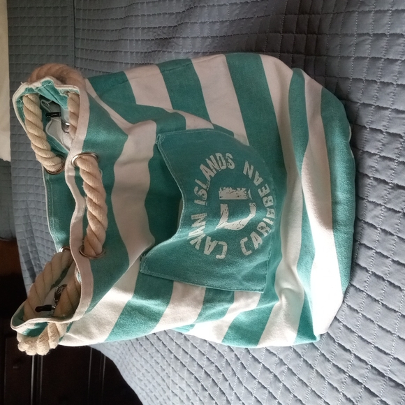 Teal and white striped canvas and Rope beach bag - Picture 4 of 7